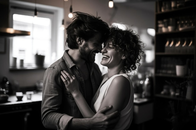 Happy couple dancing in kitchen Positive emotions Generative AI