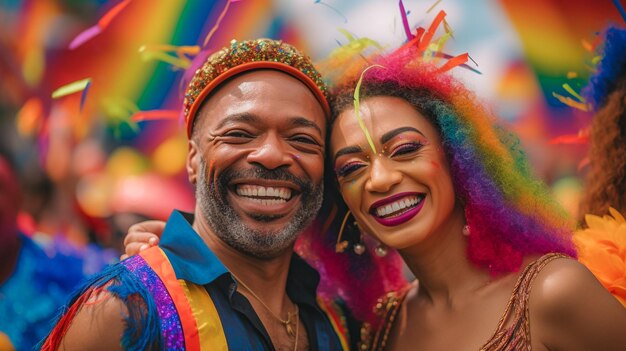 Happy couple dancing at lgbtq gay pride parade in sao paulo pride month in brazil