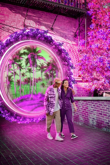 Photo happy couple dating in metaverse with purple background