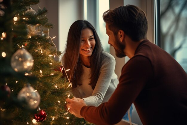 Happy couple decorating christmas tree through window with Generative AI