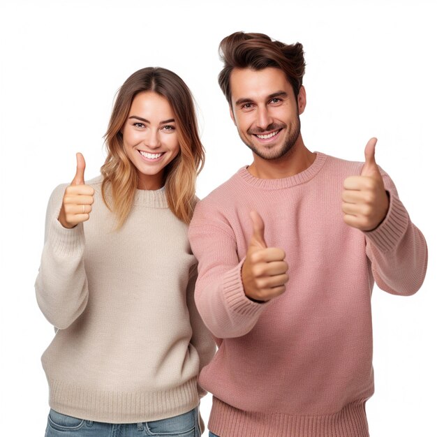 A happy couple doing good looking thumbs up wearing sweaters isolated on white background