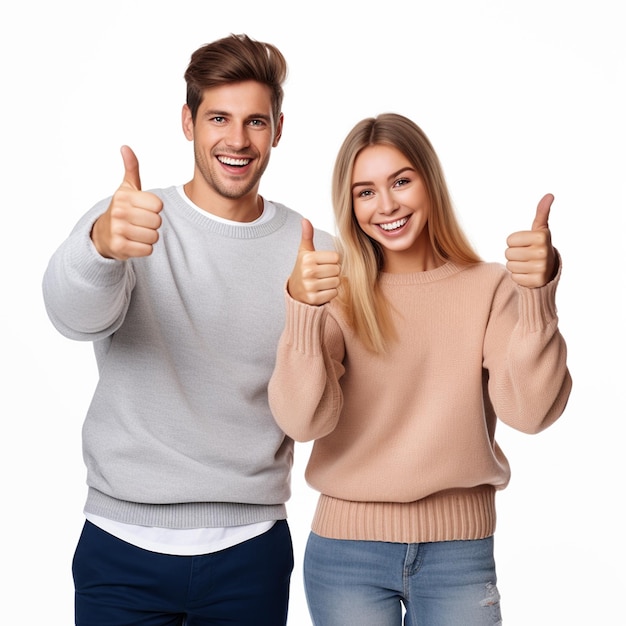 A happy couple doing good looking thumbs up wearing sweaters isolated on white background