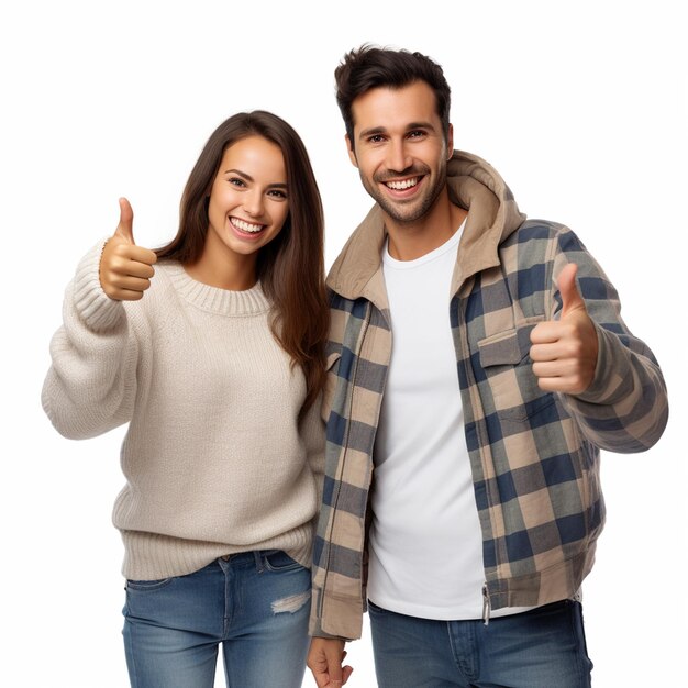 A happy couple doing good looking thumbs up wearing sweaters isolated on white background