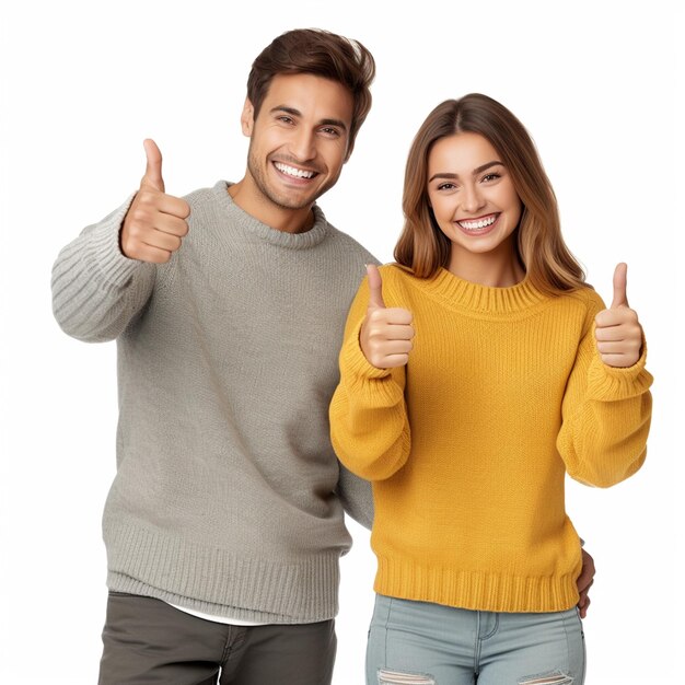 A happy couple doing good looking thumbs up wearing sweaters isolated on white background