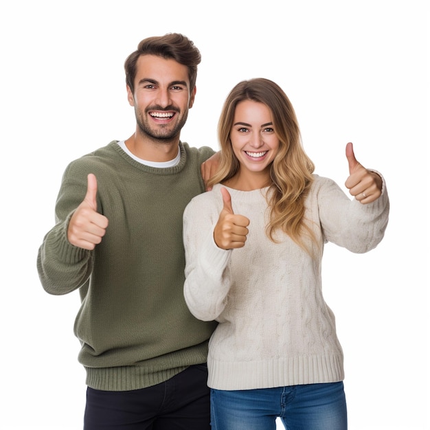 A happy couple doing good looking thumbs up wearing sweaters isolated on white background