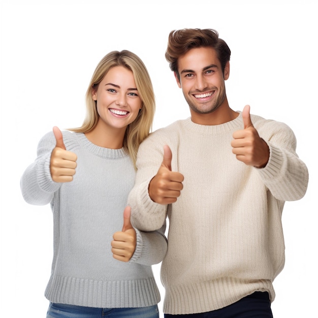 A happy couple doing good looking thumbs up wearing sweaters isolated on white background