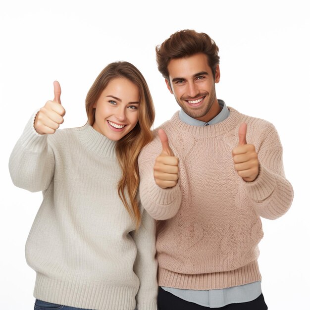 A happy couple doing good looking thumbs up wearing sweaters isolated on white background