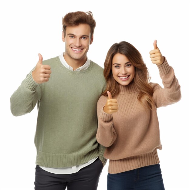 A happy couple doing good looking thumbs up wearing sweaters isolated on white background