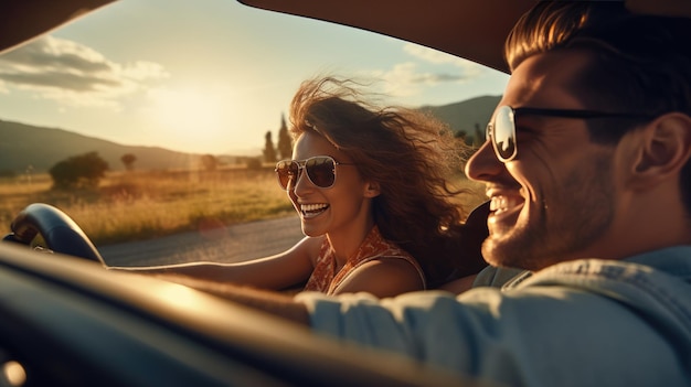 Photo a happy couple driving a car and smiling created with generative ai technology