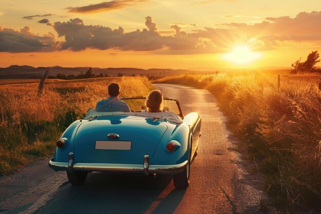 Foto happy couple driving on country road into the sunset in classic vintage sports car