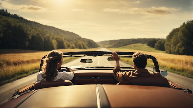 Happy couple driving on country road with raised hands