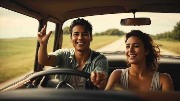 Photo happy couple driving on country road with raised hands