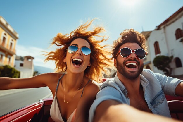 Photo happy couple driving on a vacation