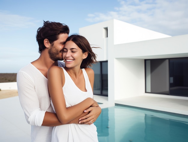 Happy Couple embracing in front of their new modern house with pool Family home real estate concept