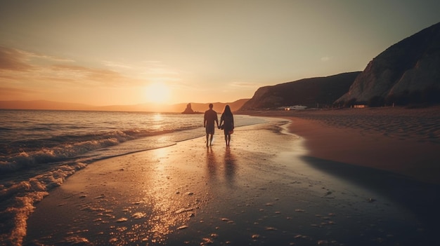 Happy couple enjoy luxury sunset on the beach during summer vacations Generative AI