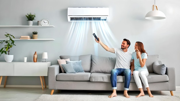Happy couple enjoying air conditioning at home sitting on sofa in modern  living room cool comfort in summer AI | Premium AI-generated image