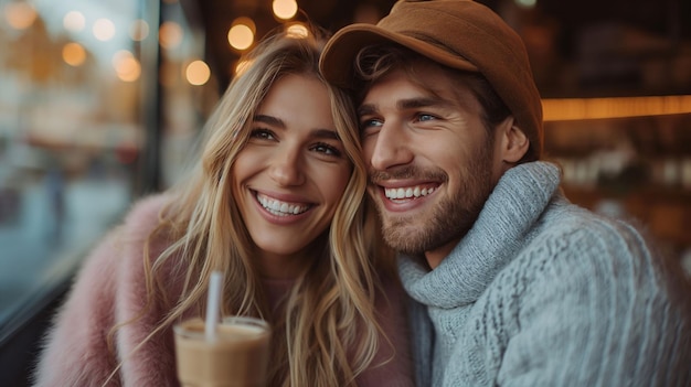 Happy couple enjoying a coffee date in a cozy cafe sharing a moment of joy and intimacy