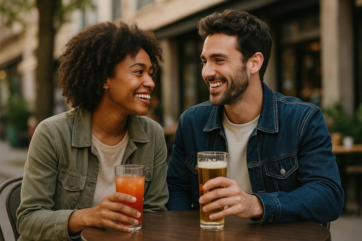 Photo happy couple enjoying drinks