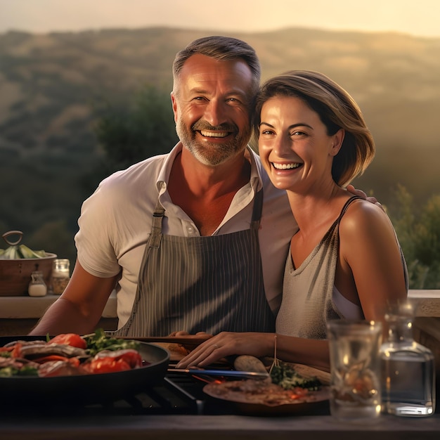 Happy couple enjoying a homemade meal at sunset joyful moments shared over dinner AI