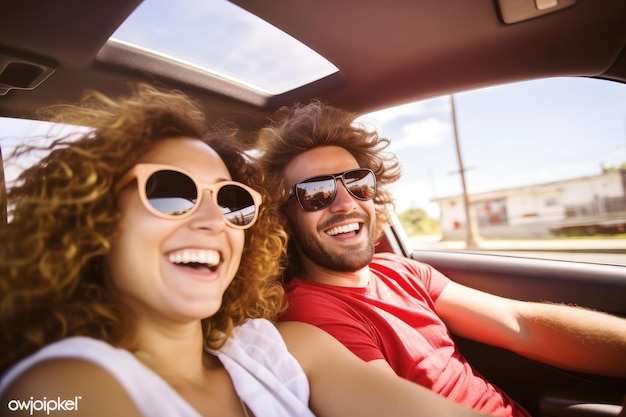 Happy couple enjoying road trip together AI Generative
