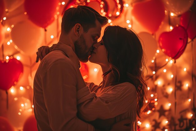 Happy couple enjoying romantic moment with red heart balloons