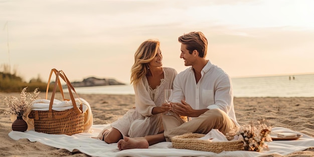 Foto coppia felice che si gode un picnic romantico in mezzo alla spiaggia la sera nello stile della luce