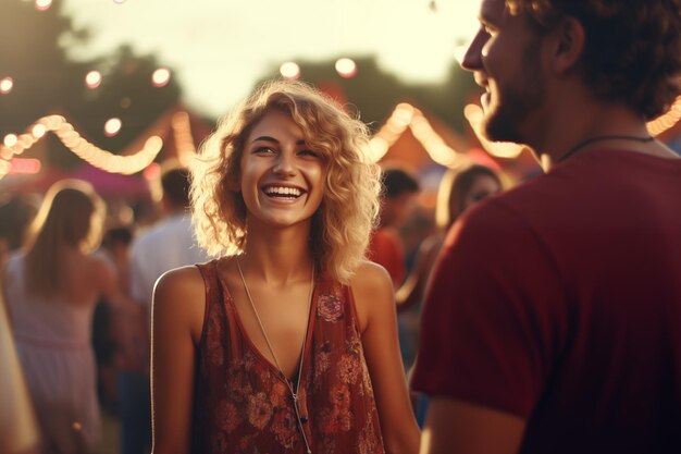 Foto una coppia felice che si diverte in un festival musicale estivo