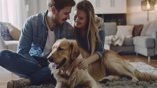 Happy couple enjoying time with their golden retriever in a cozy home setting casual and heartfelt moment captured modern lifestyle AI