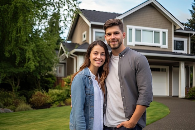 happy couple in front of the house