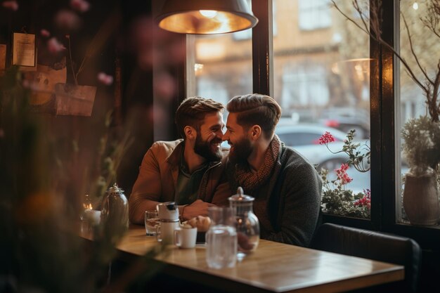 Photo happy couple of gay men have breakfast together for valentines day