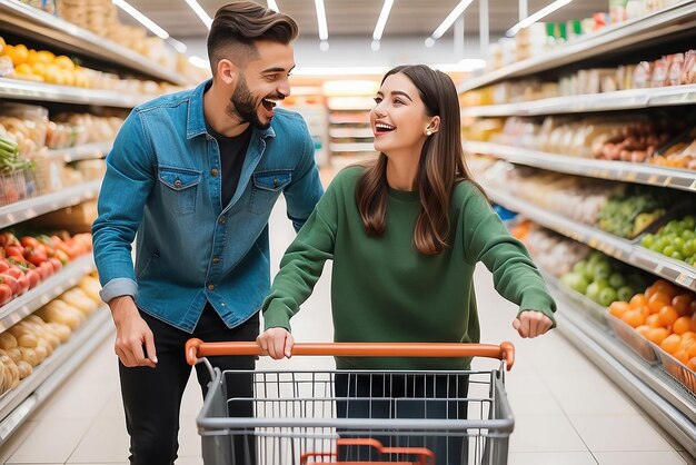 Foto una coppia felice che si diverte mentre sceglie il cibo al supermercato un giovane uomo felice che spinge il carrello della spesa con la sua ragazza dentro