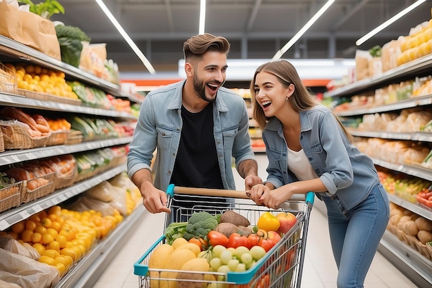 Happy couple having fun while choosing food in the supermarket Young happy man pushing shopping cart with his girfriend inside