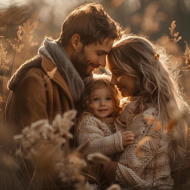 Фото Счастливая пара, держащая малыша в поле и наслаждающаяся природой вместе