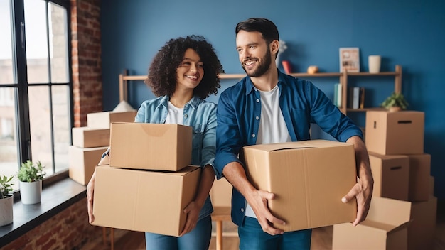 Happy couple holding cardboard boxes and moving to new place