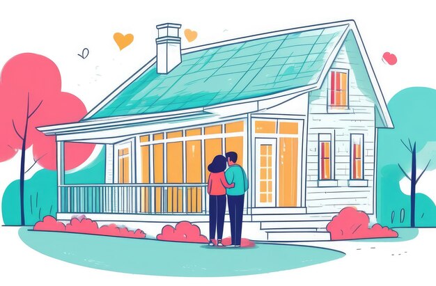 happy couple holding hands looking at newly constructed house back view flat illustration