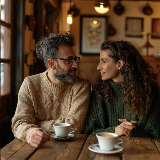 Photo happy couple holding hands and talking in a cafe