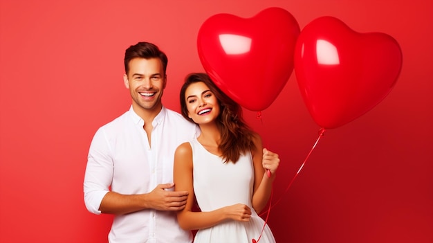 Happy couple holding heart shaped balloons in hands