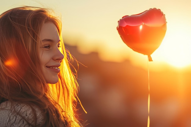 Photo happy couple holding heart shaped red balloon valentines day kissing kiss love care celebration gift