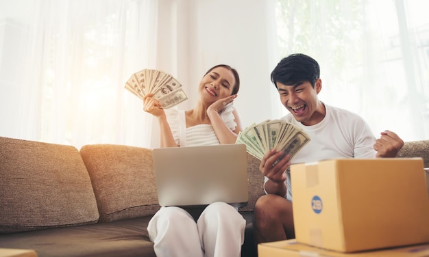 Happy couple at Home office with Online business Marketing online and freelance job