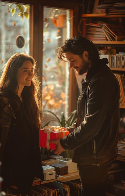 Photo happy couple at home one presents a wrapped red gift box to the other on birthday