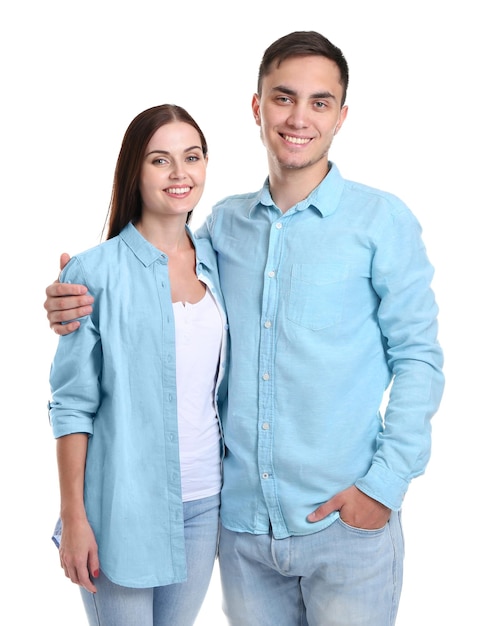 Happy couple hugging on white background