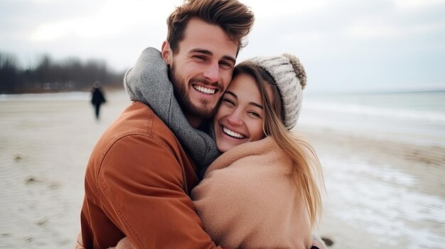 Photo happy couple hugging on winter beach