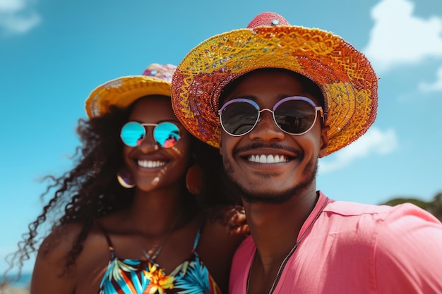 사진 다채로운 여름 모자와 선글라스를 입은 행복한 커플이 은 파란 하늘 아래 웃고 있습니다.