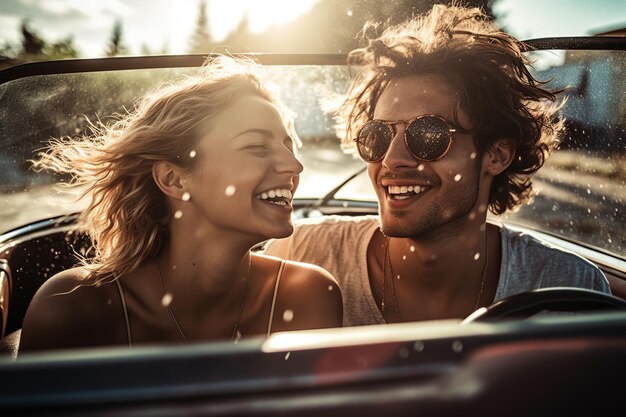 Photo happy couple kissing in car