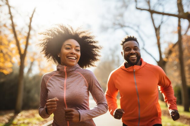 Photo happy couple laughing and running in park