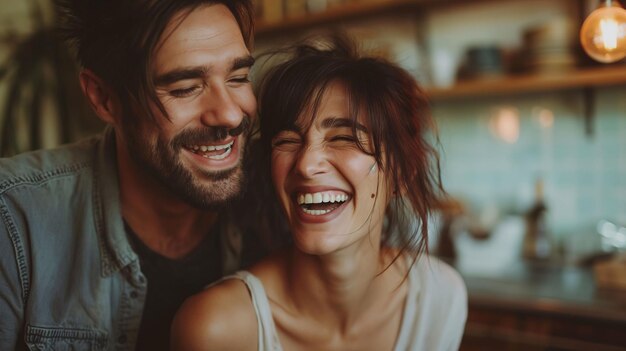 Photo happy couple laughing together in a cozy dimly lit room exuding warmth and affection