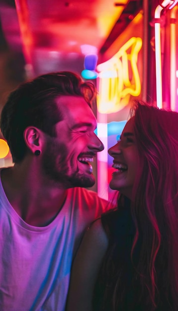 Счастливая пара смеется вместе на ночной сцене с неоновым освещением