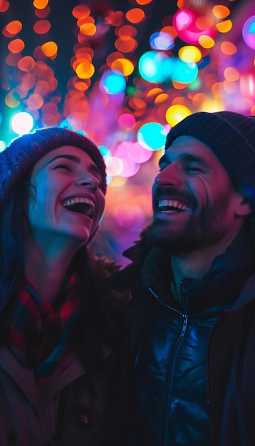 Happy couple laughing together neonlit night scene