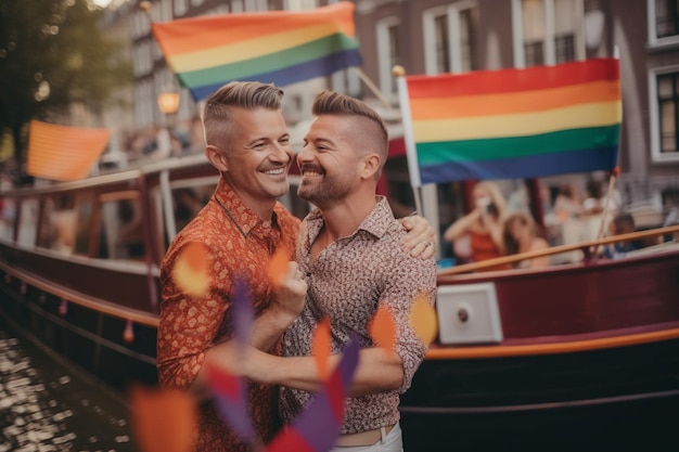 Photo happy couple at lgbtq pride parade in amsterdam amsterdam pride month
