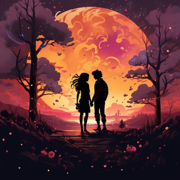 Happy couple in love on the background of the moon Vector illustration